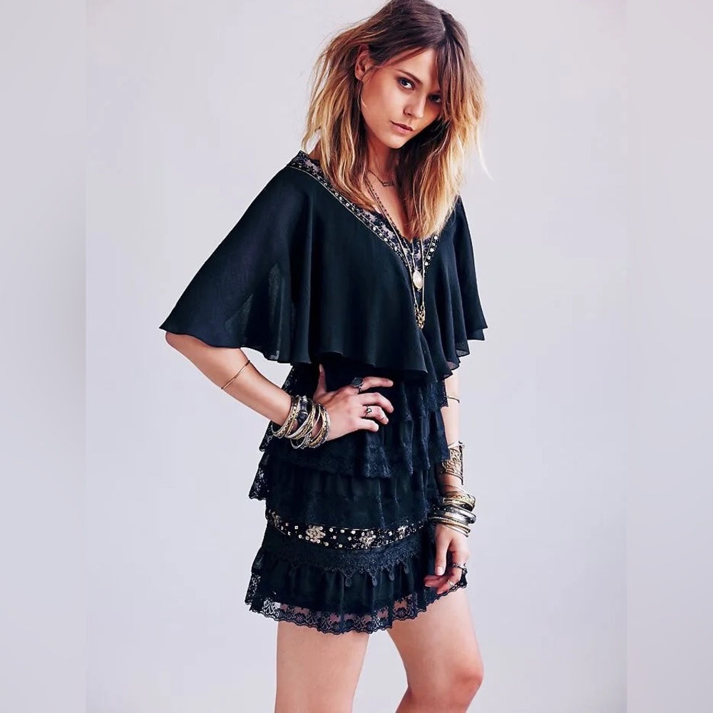 Free People Black Lace Tiered Caplet Mini Dress - Size 2